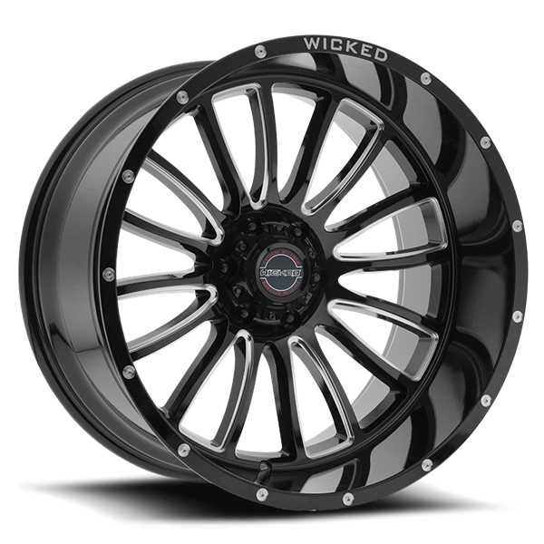 22X10 WICKED W908 5X127 -18MM C.B 71.5 GLOSS BLACK MILLED RIVETS