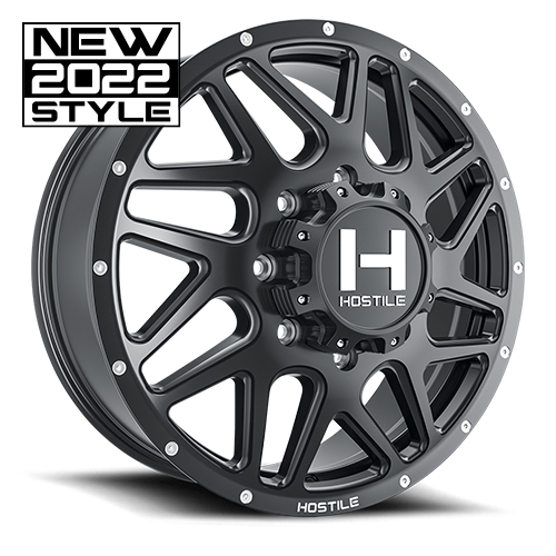 22X8.25 HOSTILE H401 8X165 +123MM C.B 142.2 ASPHALT ( SATIN BLACK ) DUALLY FRONT