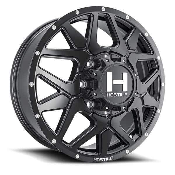22X8.25 HOSTILE H402 8X200 +123MM C.B 142.2 ASPHALT ( SATIN BLACK ) DUALLY FRONT