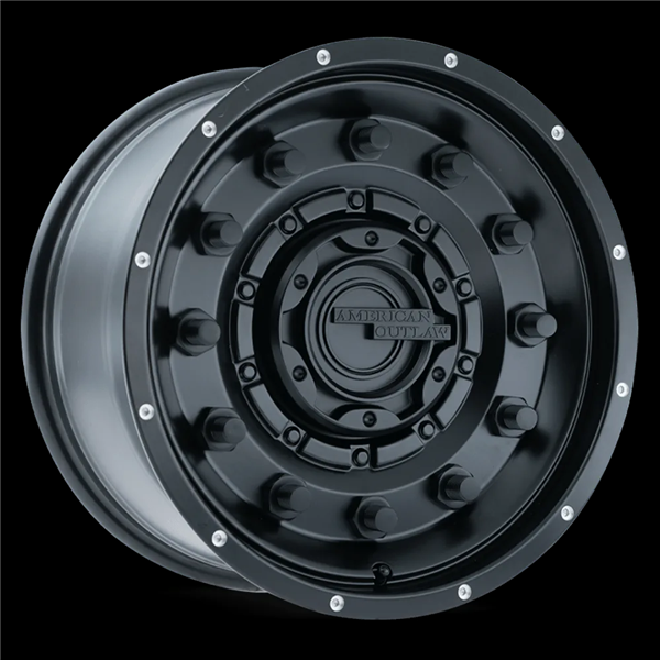 AMERICAN OUTLAW DUSTY ROAD 17X8.5+0 6X139.7 C.B-106.1 BKMT SATIN BLACK W/MILLED DIMPLE-BLACK RIVET