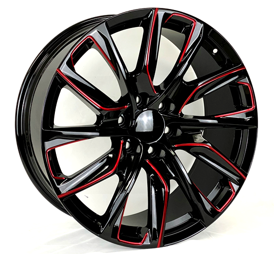 2103 CHEVY, GMC, CADILLAC REPLICA 22X9+31 6X139.7 C.B 78.10 BLACK MILLED W/ RED LINE