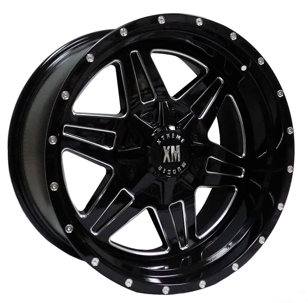 XTREME MUDDER XM-317 E18 22X10+0 5X139.7+5X150 C.B 110 GLOSS BLACK MILLING WINDOW MILL RIVET