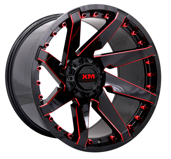 XTREME MUDDER XM-301 24X12-44 5X114.3+5X127 C.B 78.10 GLOSS BLACK RED MILLED RED RIVETS
