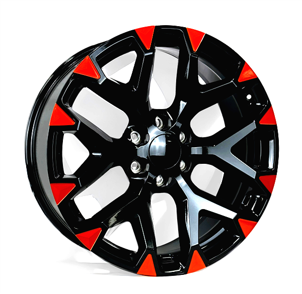 SNOWFLAKE CHEVY REPLICA 201X 24X10+24 6X139.7 (6X5.5) C.B 78.1 GLOSS BLACK "V" MILLED SPOKE ORANGE