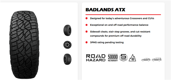 225/65R17 MASTERTRACK BADLANDS ATX 102H 620A-B 50K+ ROAD HAZARD