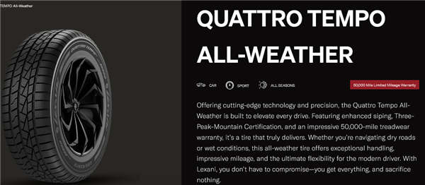 P225/60R18 LEXANI QUATTRO TEMPO AW 104V BLK XL 50K+ ROAD HAZARD