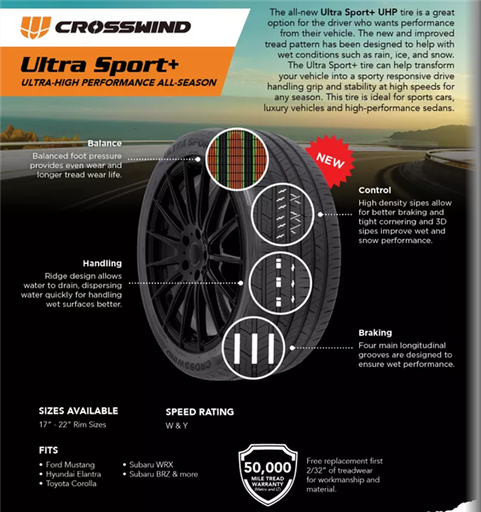 [CROS-CLS02] 215/45R18 CROSSWIND ULTRA SPORT+ 93W XL 520 A-A 50K+ ROAD HAZARD