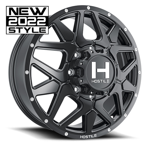 [H402-20828210+123BB] 20X8.25 HOSTILE H402 8X210 +123MM C.B 142.2 ASPHALT ( SATIN BLACK ) DUALLY FRONT