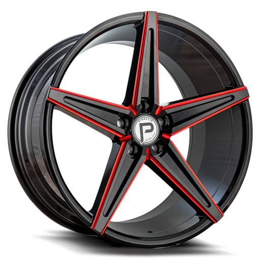 [P20220855115-15RML] 20X8.5 SUPREME 5X115 15MM C.B 73.1 GLOSS BLACK RED MILLED (SOLD AS STAGGERED ONLY)
