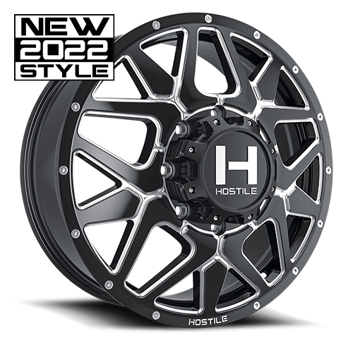 [H402-22828200+123B] 22X8.25 HOSTILE H402 8X200 +123MM C.B 142.2 BLADE CUT ( BLACK MILLED ) DUALLY FRONT